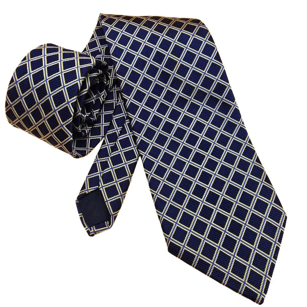 Brooks Brothers Basics Mens Silk Tie Navy‎ Blue Yellow Windowpane Grid USA Made